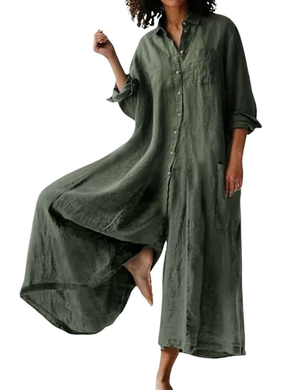 Women Linen Button Down Long Sleeve Wide Leg Jumpsuit Beach Palazzo Pants One